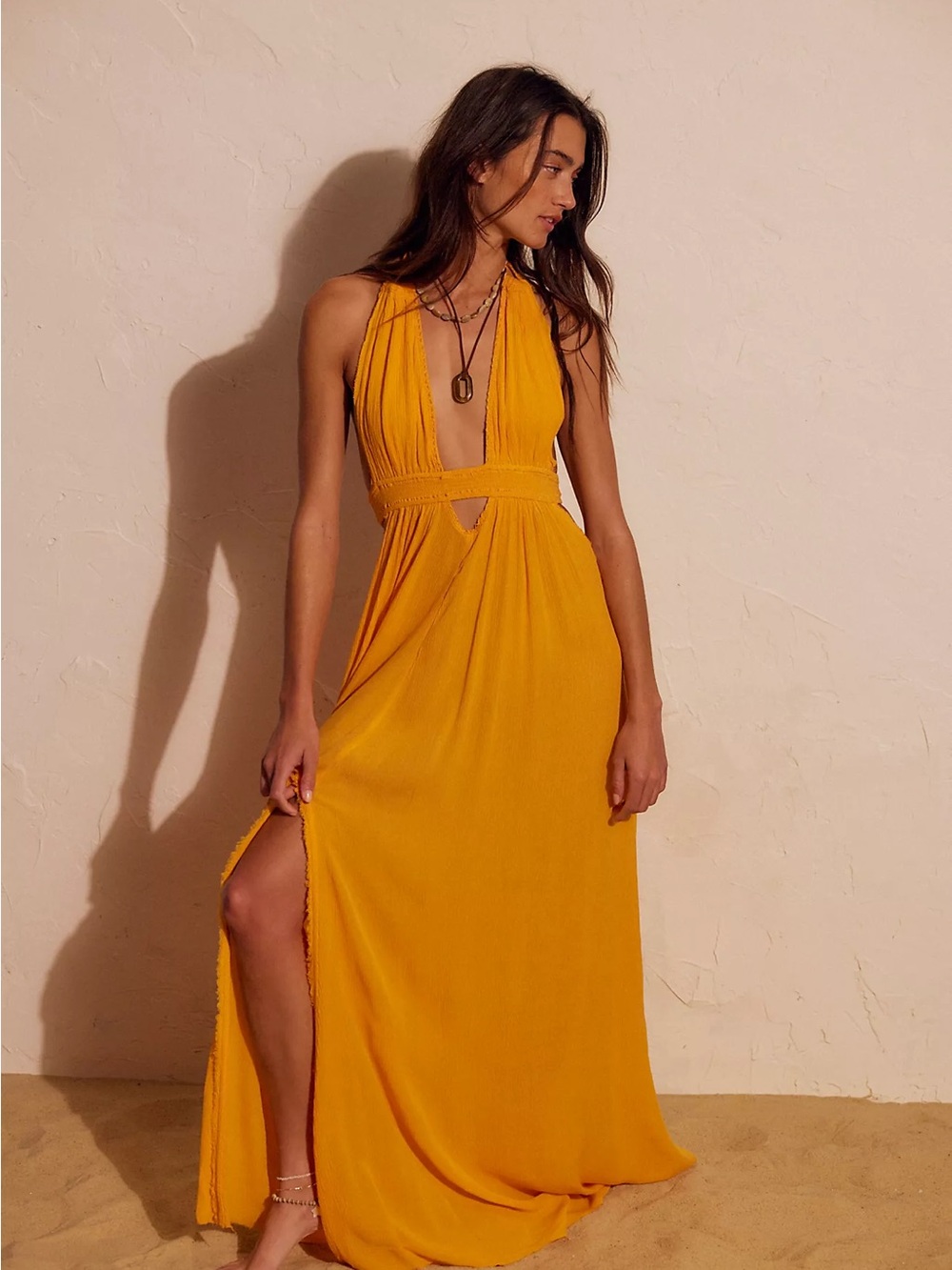 Free People Frayed Orange Look Into the Sun Maxi Dress Halter Bohemian Boho - Picture 1 of 16